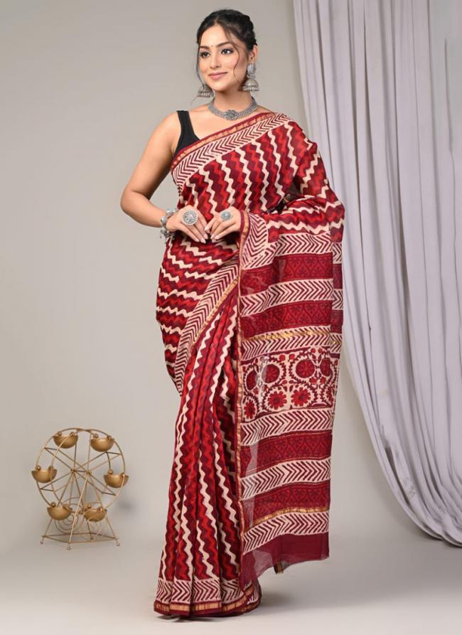 Chanderi Silk Red Festival Wear Printed Saree